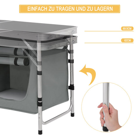 Rootz Verstelbare Campingtafel - Buitentafel - Draagbaar bureau - Duurzame aluminiumlegering - Weerbestendig - Compact ontwerp - Geïntegreerde opslag - 47 cm x (62-69,5) cm x 120 cm