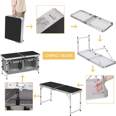 Rootz Verstelbare Campingtafel - Buitentafel - Draagbaar bureau - Duurzame aluminiumlegering - Weerbestendig - Compact ontwerp - Geïntegreerde opslag - 47 cm x (62-69,5) cm x 120 cm