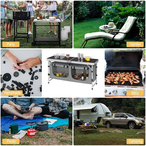 Rootz Verstelbare Campingtafel - Buitentafel - Draagbaar bureau - Duurzame aluminiumlegering - Weerbestendig - Compact ontwerp - Geïntegreerde opslag - 47 cm x (62-69,5) cm x 120 cm