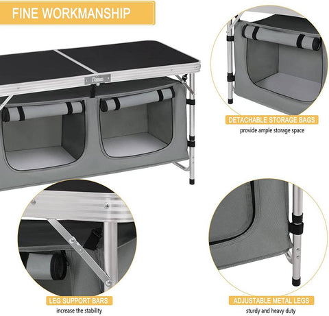 Rootz Verstelbare Campingtafel - Buitentafel - Draagbaar bureau - Duurzame aluminiumlegering - Weerbestendig - Compact ontwerp - Geïntegreerde opslag - 47 cm x (62-69,5) cm x 120 cm