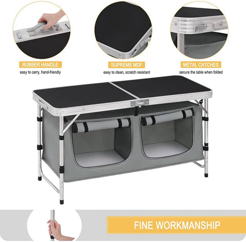 Rootz Verstelbare Campingtafel - Buitentafel - Draagbaar bureau - Duurzame aluminiumlegering - Weerbestendig - Compact ontwerp - Geïntegreerde opslag - 47 cm x (62-69,5) cm x 120 cm