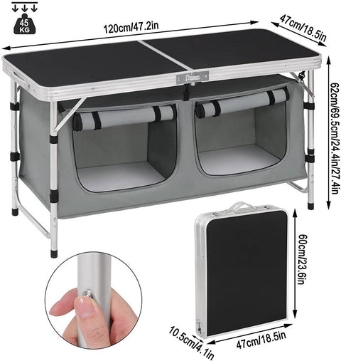 Rootz Verstelbare Campingtafel - Buitentafel - Draagbaar bureau - Duurzame aluminiumlegering - Weerbestendig - Compact ontwerp - Geïntegreerde opslag - 47 cm x (62-69,5) cm x 120 cm