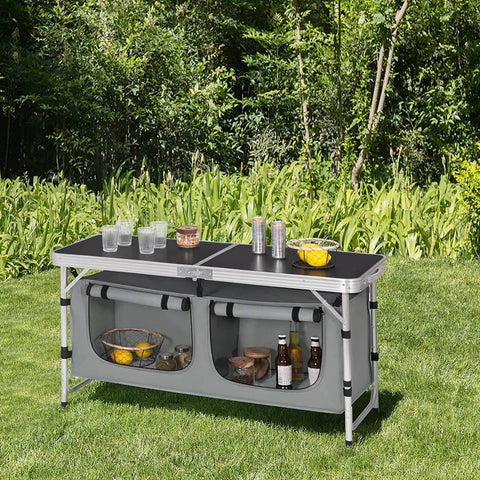 Rootz Verstelbare Campingtafel - Buitentafel - Draagbaar bureau - Duurzame aluminiumlegering - Weerbestendig - Compact ontwerp - Geïntegreerde opslag - 47 cm x (62-69,5) cm x 120 cm