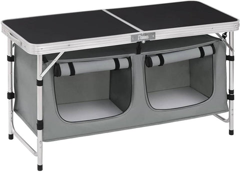 Rootz Verstelbare Campingtafel - Buitentafel - Draagbaar bureau - Duurzame aluminiumlegering - Weerbestendig - Compact ontwerp - Geïntegreerde opslag - 47 cm x (62-69,5) cm x 120 cm