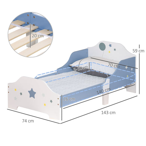 Rootz Children's Bed 3-6 Years - Toddler Bed - Kids Cot - Safety Features - 143 x 74 x 59 cm - Blue White Star Design