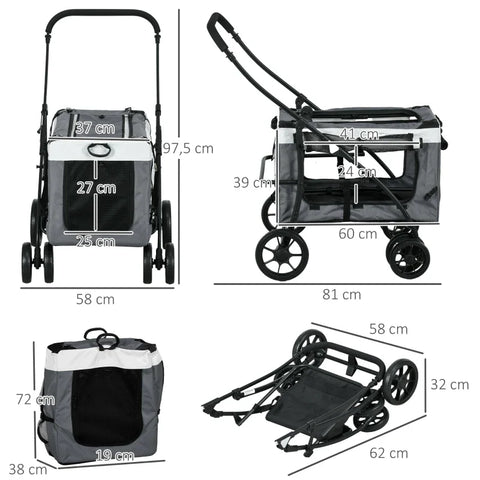 Rootz Hondenbuggy - Huisdierbuggy - Hondenkar - Opvouwbaar - Afneembare mand - Oxfordstof - Staal - Zwart - Grijs - Wit - 81 X 58 X 97,5 Cm