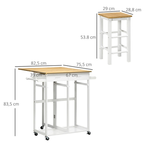 Rootz Folding Bar Table Set with Wheels - Space-Saving Bar Stools - 2 Drawers - Bamboo - 82.5cm x 75.5cm x 83.5cm