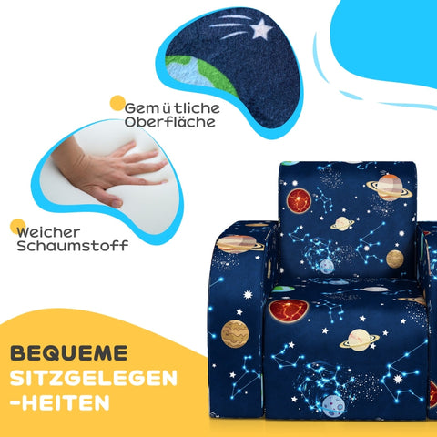 Rootz Kids Foldable Armchair - Children's Sofa - Cozy Bed - Multifunctional - Planet Pattern - Easy to Clean - Blue - Foam/Polyester - 46.5cm x 93cm x 28.5cm