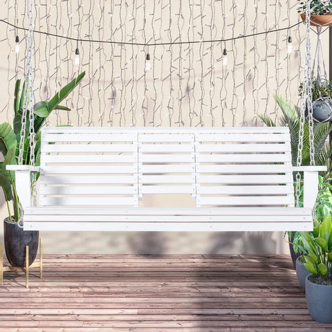 Rootz Hanging Bench - Hollywood Swing - With Folding Table And Cup Holders - Natural Wood - White - 150L x 75W x 53H cm
