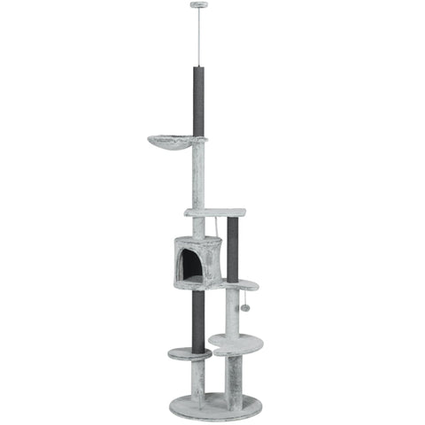 Rootz Cat Tree - Floor to Ceiling Scratching Post - Climbing Tower - Hammock - Cat House - Velvet Cover - Height Adjustable - Gray - Ø60 x 225-255H cm
