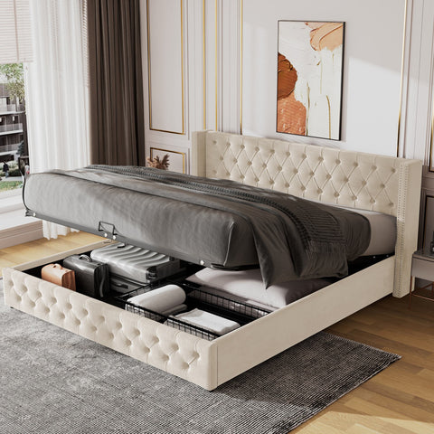 Rootz Upholstered Bed - Hydraulic Storage Bed - Chesterfield Bed - Luxurious Velvet Fabric - 209cm x 170cm x 94.5cm