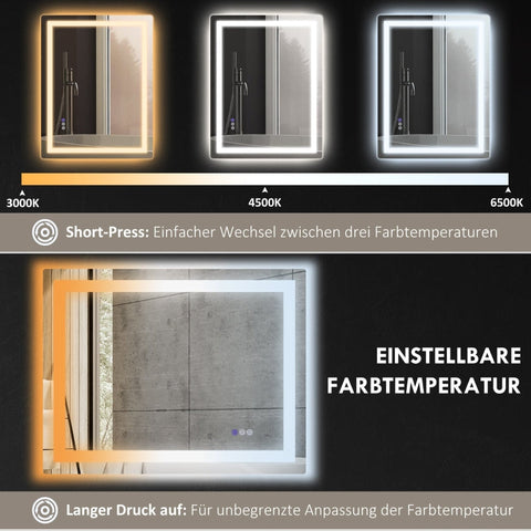 Rootz LED Bathroom Mirror - Wall Mounted Vanity Mirror - Makeup Mirror - Adjustable Lighting - Anti-Fog Technology - 80cm x 60cm x 4cm