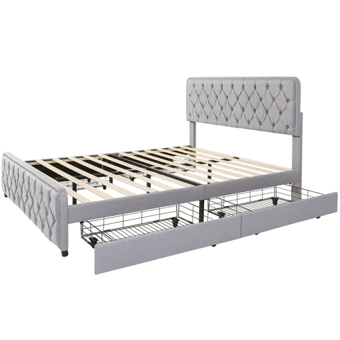 Rootz Upholstered Bed - Hydraulic Bed Box - Storage Bed - Breathable Linen - 211.5L x 180W x 96.5-108.5H cm Light Gray