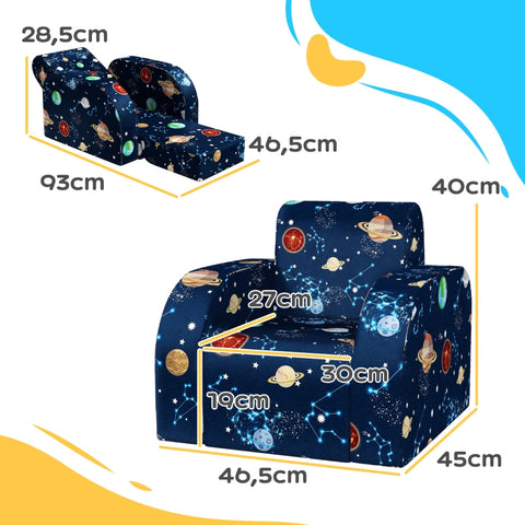 Rootz Kids Foldable Armchair - Children's Sofa - Cozy Bed - Multifunctional - Planet Pattern - Easy to Clean - Blue - Foam/Polyester - 46.5cm x 93cm x 28.5cm