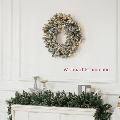 Rootz Christmas Wreath - Artificial Pine Wreath - LED Lights - Snowy Tips - 210 Tips - 50 Warm White Lights - Ø60cm x 10cm