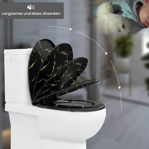 Rootz Soft Close Toilet Seat - Oval O-Shaped Toilet Lid - Duroplast - Gold Glitter - 37.1cm x 45.5cm - Quiet Closing - 175kg Capacity