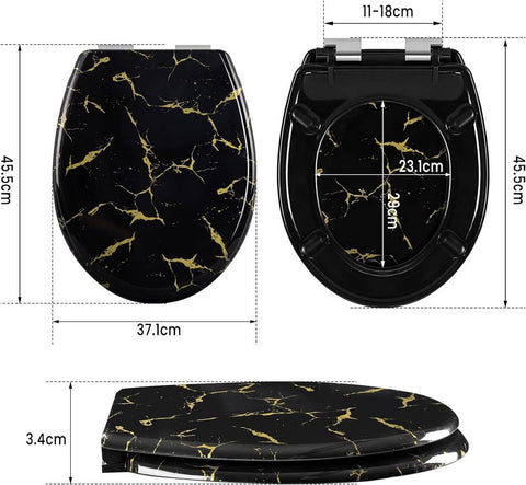Rootz Soft Close Toilet Seat - Oval O-Shaped Toilet Lid - Duroplast - Gold Glitter - 37.1cm x 45.5cm - Quiet Closing - 175kg Capacity