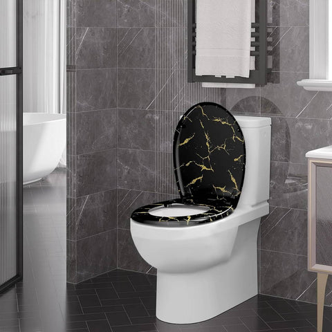 Rootz Soft Close Toilet Seat - Oval O-Shaped Toilet Lid - Duroplast - Gold Glitter - 37.1cm x 45.5cm - Quiet Closing - 175kg Capacity
