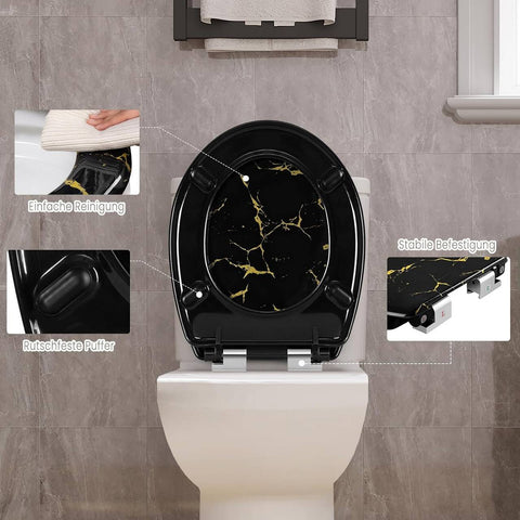 Rootz Soft Close Toilet Seat - Oval O-Shaped Toilet Lid - Duroplast - Gold Glitter - 37.1cm x 45.5cm - Quiet Closing - 175kg Capacity