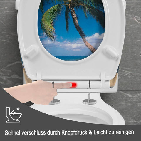 Rootz Soft Close Toilet Seat - Duroplast - Quick Release Button - Waterproof - 37cm x 47.5cm - Sea Motif - Antibacterial - Rustproof Hinge