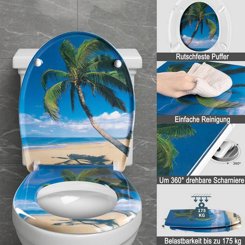 Rootz Soft Close Toilet Seat - Duroplast - Quick Release Button - Waterproof - 37cm x 47.5cm - Sea Motif - Antibacterial - Rustproof Hinge