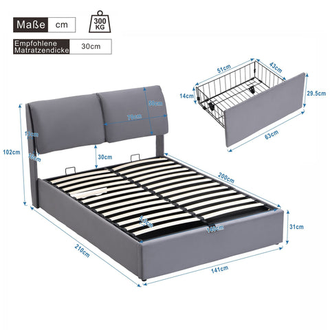 Rootz Upholstered Bed - Velvet Bed - Storage Bed - Hydraulic Storage & 3 Drawers - 210L x 141W x 102H cm - Grey