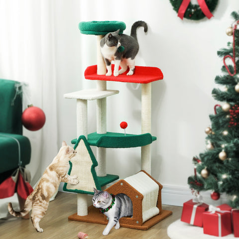 Rootz 135 cm Cat Scratching Post - Christmas Cat Tree - Play Tower - 6 Levels of Fun - 60L x 45W x 135H cm