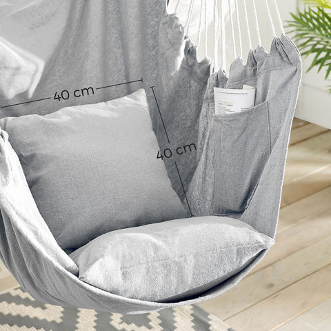 Rootz Hanging Chair - Hängesessel - Hammock Seat - High Comfort - 148cm x 125cm Seat, 40cm x 40cm Pillows - Grey Polyester Cotton Fabric