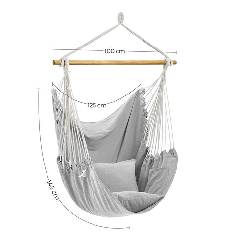 Rootz Hanging Chair - Hängesessel - Hammock Seat - High Comfort - 148cm x 125cm Seat, 40cm x 40cm Pillows - Grey Polyester Cotton Fabric
