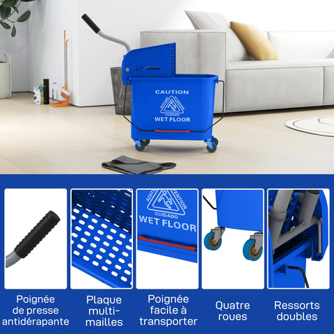 Rootz 20L Mop Bucket with Wringer - Rolling Mop Bucket - Cleaning Trolley - Effortless Movement - 60cm x 27cm x 70.5cm