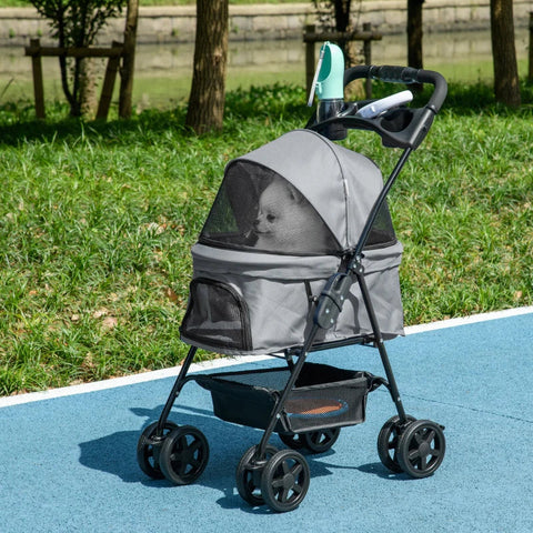Rootz Dog Stroller - Pet Stroller - Foldable Cat Dog Pushchair - Pet Travel Carriage with 4 Wheels - Adjustable Canopy - Safety Leashes - Storage Basket - Grey - 67 x 45 x 96 cm