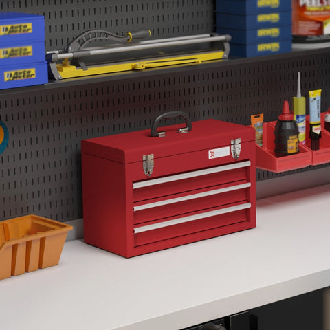 Rootz Tool Box - Steel Tool Case - Portable Tool Organizer - 3 Drawers - Top Storage Compartment - Secure Lock - 51cm x 22cm x 32cm
