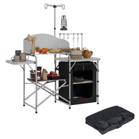 Rootz Portable Camping Kitchen - Outdoor Cooking Table - Folding Kitchen Unit - Organized Storage - 146cm x 49cm x 130-180cm