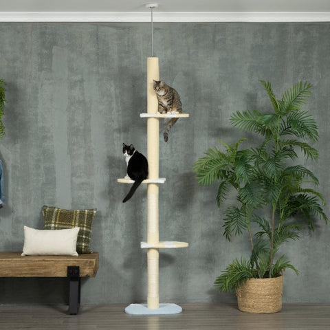 Rootz Floor-to-Ceiling Cat Tree - Adjustable Cat Scratching Post - Climbing Tower - Pine Wood - Soft Plush - Chipboard - 47cm x 34cm x 220-260cm