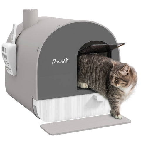 Rootz Cat Litter Box with Lid - Enclosed Litter Box - Covered Cat Toilet - Easy to Clean - Spacious Interior - High Side Walls - 43cm x 44cm x 47cm - Plastic - Grey/Black