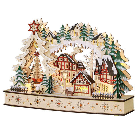 Rootz Christmas Village - Festive Forest Scene - Winter Landscape - 20 LED Lights - Table Mantel Decor - Natural Wood - 45cm x 12cm x 30cm