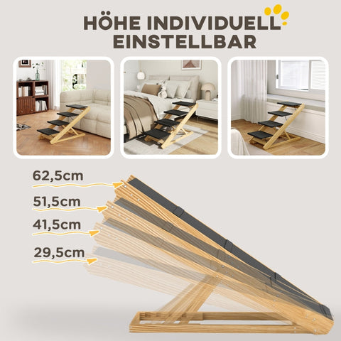 Rootz Pet Stairs - Dog Staircase & Ramp - Pine Wood - Adjustable Height - Foldable Design - Non-Slip Surface - 83cm x 40cm x 62.5cm