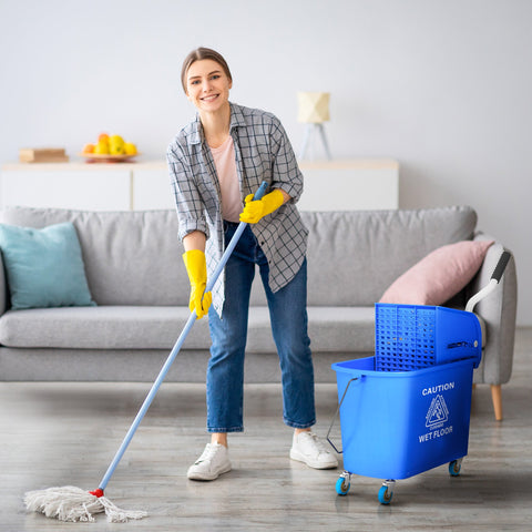Rootz 20L Mop Bucket with Wringer - Rolling Mop Bucket - Cleaning Trolley - Effortless Movement - 60cm x 27cm x 70.5cm