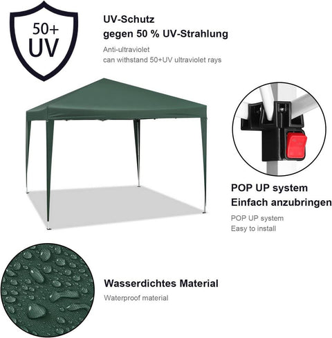 Rootz Gazebo Pop-Up Tent - Waterproof Pagoda - Sun Protection Canopy - UV and Rain Resistant - Easy Setup - Adjustable Height - 3 x 3 m Green