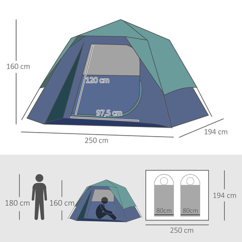 Rootz 3-Person Pop-Up Camping Tent - Family Tent - Waterproof Tent - Easy Ventilation - 2.5L x 1.94W x 1.6H m