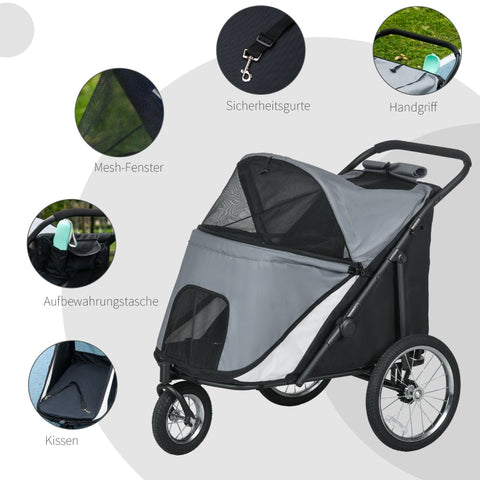 Rootz Folding Pop Up Dog Stroller - Pet Buggy - Dog Cart - Hinged Canopy - Large Rubber Tires - Integrated Dog Leash - 111cm x 70cm x 97.5cm - Oxford Polyester & Steel - Grey/Black