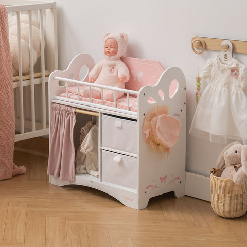Rootz Doll Bed Furniture - Doll Crib - Doll Cot - Maximize Storage - Well Built and Sturdy - Easy to Assemble - 55.5 x 28.5 x 57.5 cm - High-Quality Wood - Pink