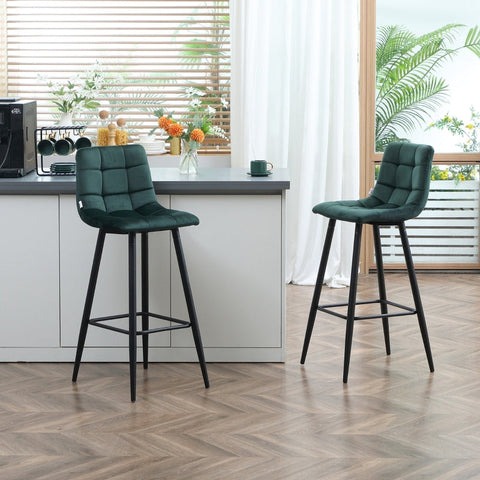 Rootz Bar Stools Set of 2 - Kitchen Stools - Velvet Fabric - Ergonomic Design - Robust Steel Frame - Green - 42cm x 47cm x 105cm