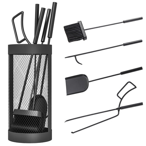 Rootz Fireplace Cutlery Set - 5-Piece Fire Tool Accessories - Metal Construction - Black Coating - Space-Saving Design - 33.5cm x 16cm x 47cm