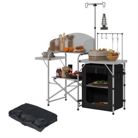 Rootz Portable Camping Kitchen - Outdoor Cooking Table - Folding Kitchen Unit - Organized Storage - 146cm x 49cm x 130-180cm