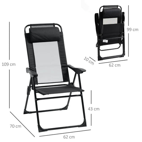 Rootz Folding Chair Set of 2 - Folding Lounger - Weatherproof - 5-Way Adjustable Backrest - Metal Frame - Black - 62W x 70D x 109H cm