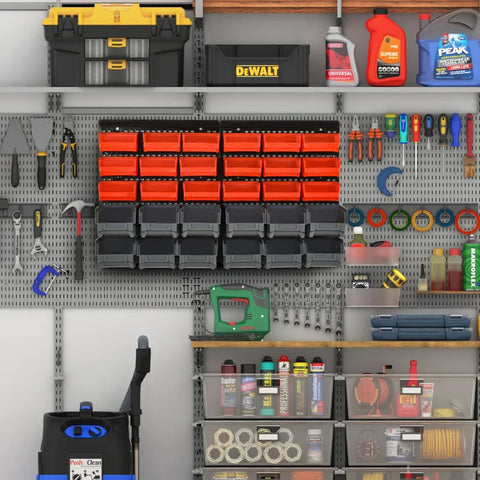 Rootz Storage System - Wall Shelf With Stacking Boxes - 30 Boxes - 2 Perforated Panels - Red + Gray + Black - 37.5 cm x 18 cm x 63 cm