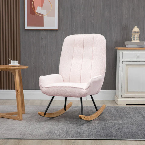 Rootz Rocking Chair - Modern Design Rocking Chair - Sherpa Fleece - Rubber Wood - Quilting - Natural + Pink - 63 cm x 95 cm x 97 cm
