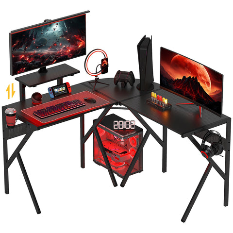 Rootz Gaming Desk - Corner Desk - Gamer Desk - Carbon Fiber Board - 125cm x 125cm x 75cm - Includes Screen Holder & Headphone Hook