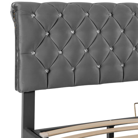 Rootz Upholstered Bed - Velvet Bed Frame - Height Adjustable Headboard - Hydraulic Storage - 223cm x 149cm x 91.5-96.5cm - Gray